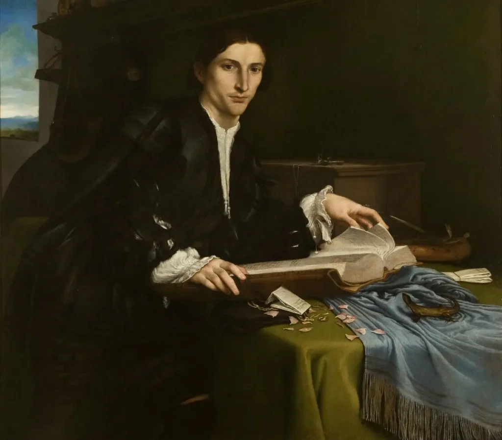 Lorenzo Lotto, Portret młodego mężczyzny w pracowni (Portrait of a Young Man in his Study), ok. 1527, olej na płótnie, 98 × 111 cm, Gallerie dell’Accademia.